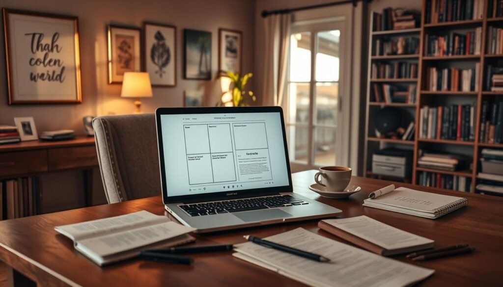 A cozy home office, with a large desk and a comfortable chair. On the desk, an open laptop displaying a wireframe for an e-book layout, surrounded by neatly organized notebooks, pens, and a cup of coffee. Warm, natural lighting filters through a nearby window, casting a soft glow on the scene. The walls are adorned with inspirational artwork and shelves filled with books, creating a contemplative and creative atmosphere. The overall mood is one of focused productivity and careful planning, as the e-book creator meticulously maps out their content and structure.