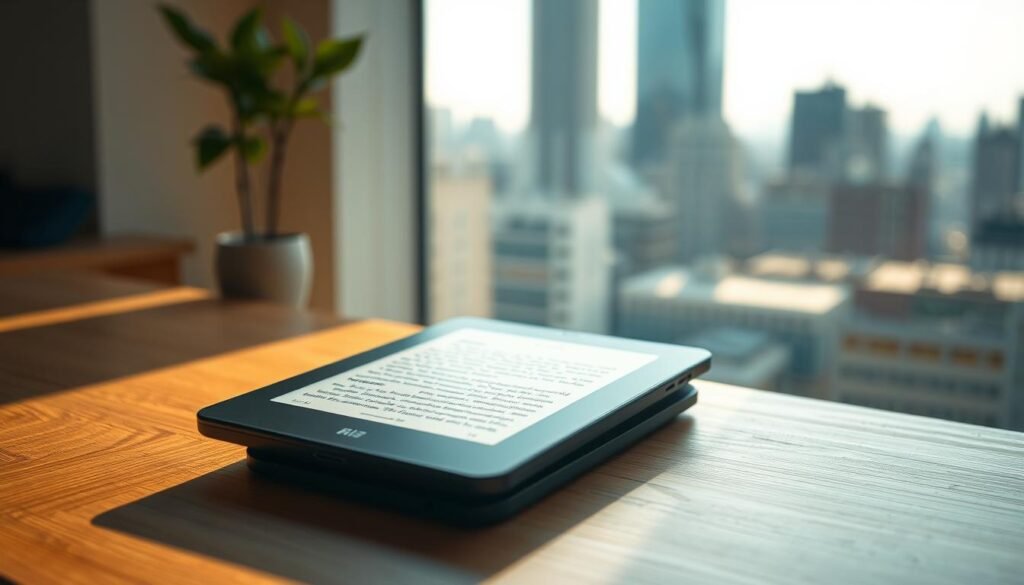 A sleek, modern e-reader sits on a minimalist wooden desk, bathed in warm, diffused light from a large window. The device's elegant, streamlined design is highlighted, with a high-resolution E Ink display that showcases the crisp, detailed text of an e-book. The background is a serene, blurred cityscape, suggesting the convenience and portability of the e-reader in an urban setting. The overall mood is one of calm, focused reading and the effortless integration of technology into daily life.